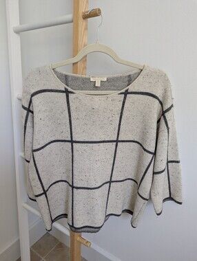Eileen Fisher Windowpane Crewneck Sweater - Cream/Charcoal Grey